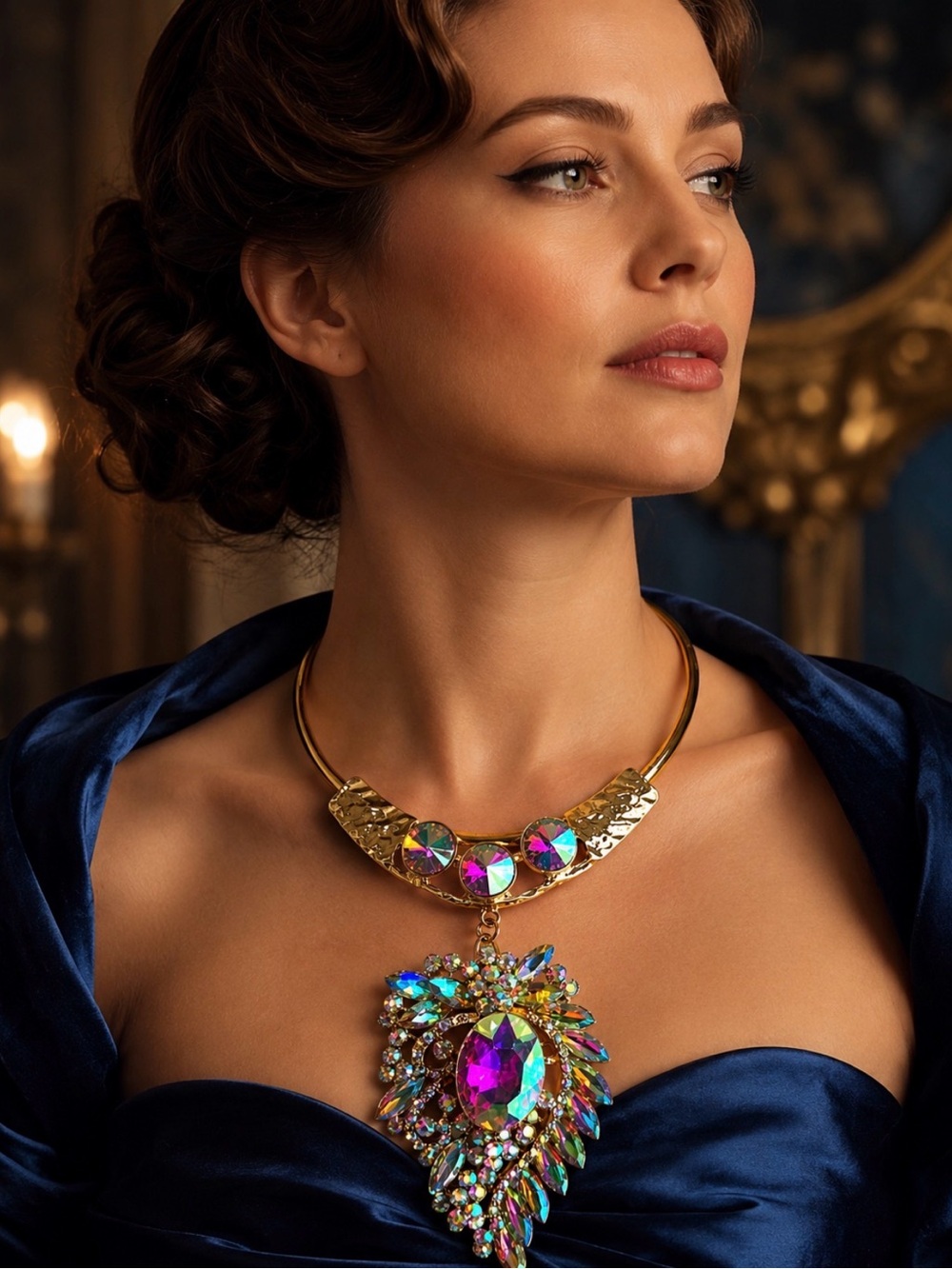 Aurora Borealis AB Crystal Statement Necklace & Detachable Brooch Pendant